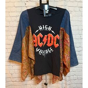 The Morgan Factory Upcycled AC/DC High Voltage Denim Paisley Bell Sleeve Top